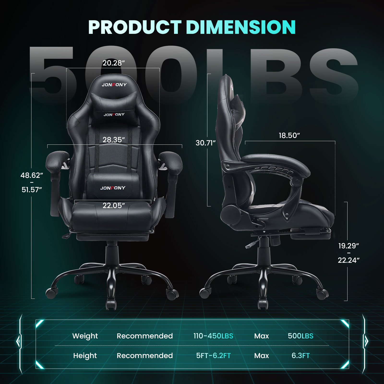 JONPONY Big and Tall 500LBS Gaming Chair, Ergonomic Design, Gamer Chair PU Leather with Footrest and Lumbar Support, High Back Office Chair Support, Long Sitting Computer Chair, Black