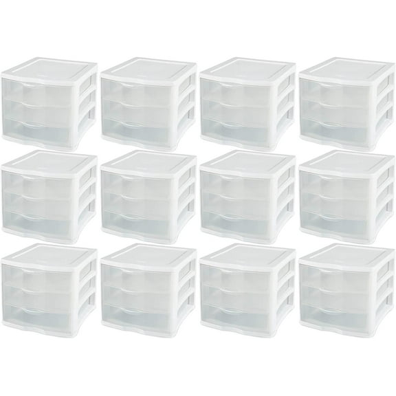 Sterilite ClearView 3 Drawer Stackable Organizer - Stackable Plastic Storage - 12 Pack, Clear