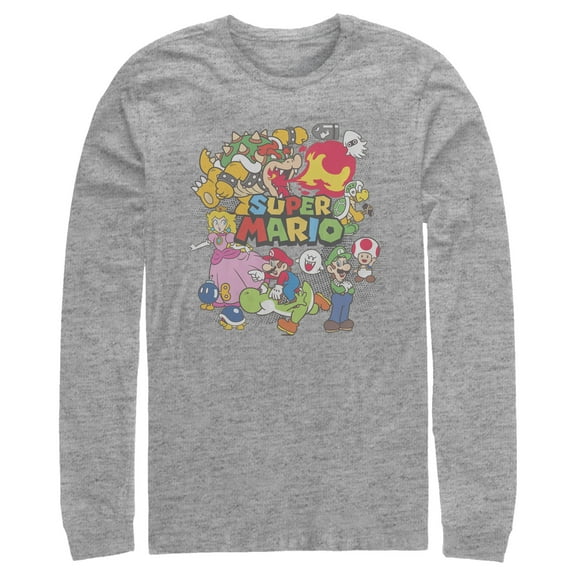 Men's Nintendo Mario Cast Collage  Long Sleeve Shirt Athletic Heather 2X Large