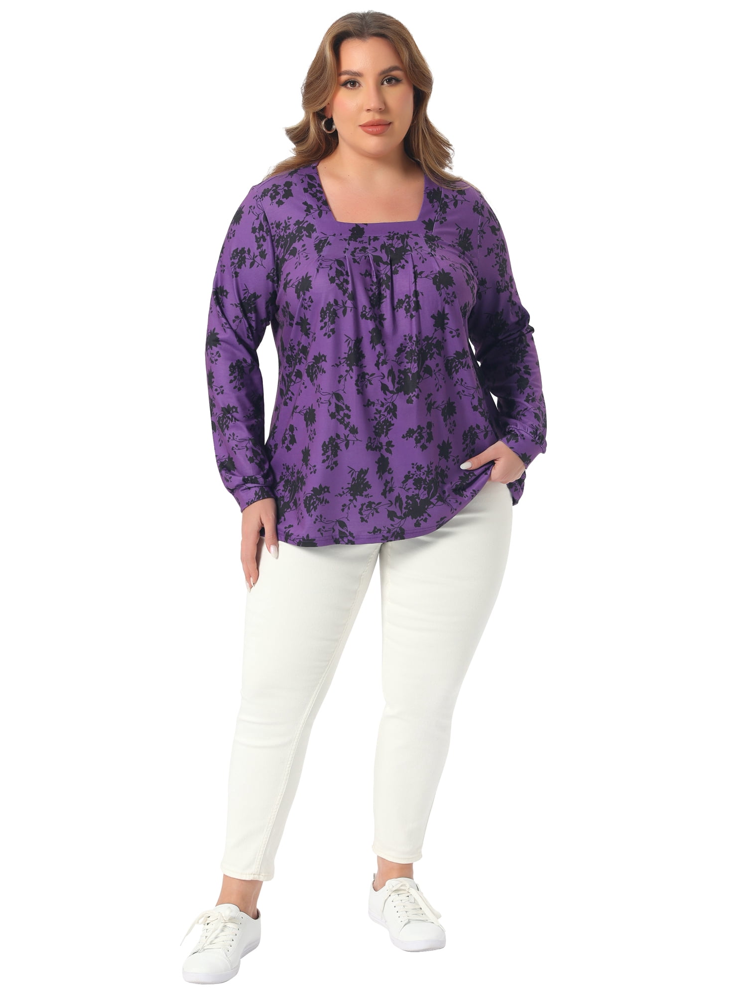DARING DIVA  Women's Plus Floral Square Neck Blouse 2X Purple