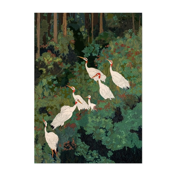 Japandi Wall Art Maximalist japanese chinoiserie Bird Wall Art wabi sabi forest Heron Painting living room poster - Japan Painting Woodland Forest Botanical Nature Unframed Wall Art Print 4 x 6 inches