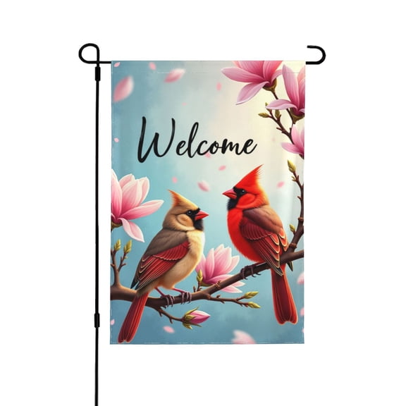 Cardinal Birds Welcome Garden Flag 12x18 Inch Double Sided – Spring Floral Magnolia Outdoor Yard Decoration For Porch, Lawn & Patio