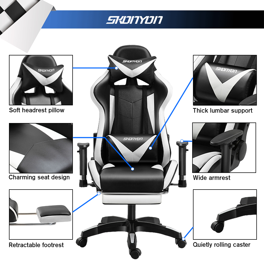 SKONYON Gaming Chair Executive Adjustable High Back Faux Leather Swivel Gaming Chair, Black/White New - image 4 of 9