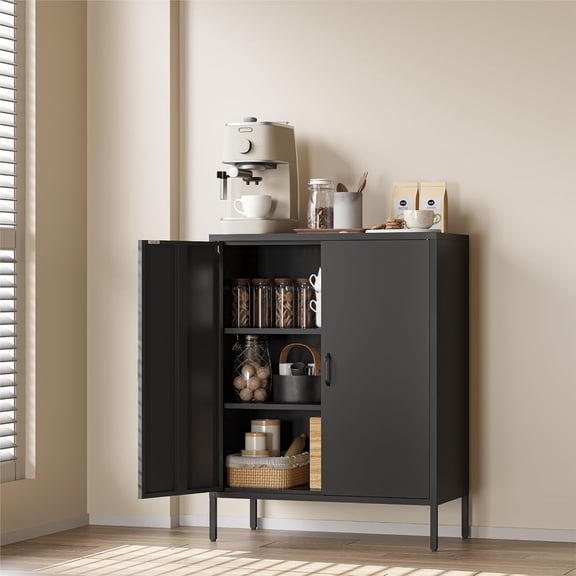 Black Metal Storage Cabinet, 40" Industrial Kitchen Organizer & Buffet Sideboard, 3-Tier Steel Cabinet with Adjustable Shelves, Magnetic Doors