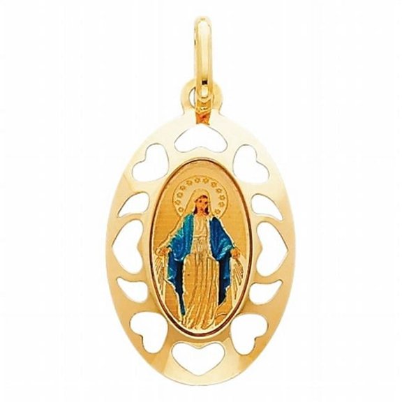 Precious Stars Jewelry 14k Yellow Gold and Enamel Virgin Mary Religious Pendant