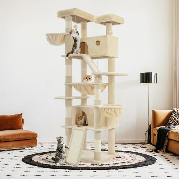 Sifurni 81" Multi-Level Tall Cat Tree Tower for Large Cat with Cat Condo and Hammock, Scratching Post & Scratching Ramp, Beige