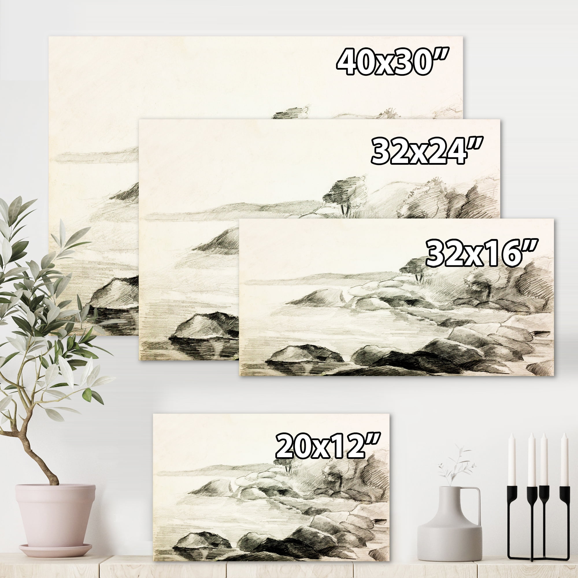 Designart ' Black and White Lake Shore ' Nautical & Coastal Canvas Wall Art Print
