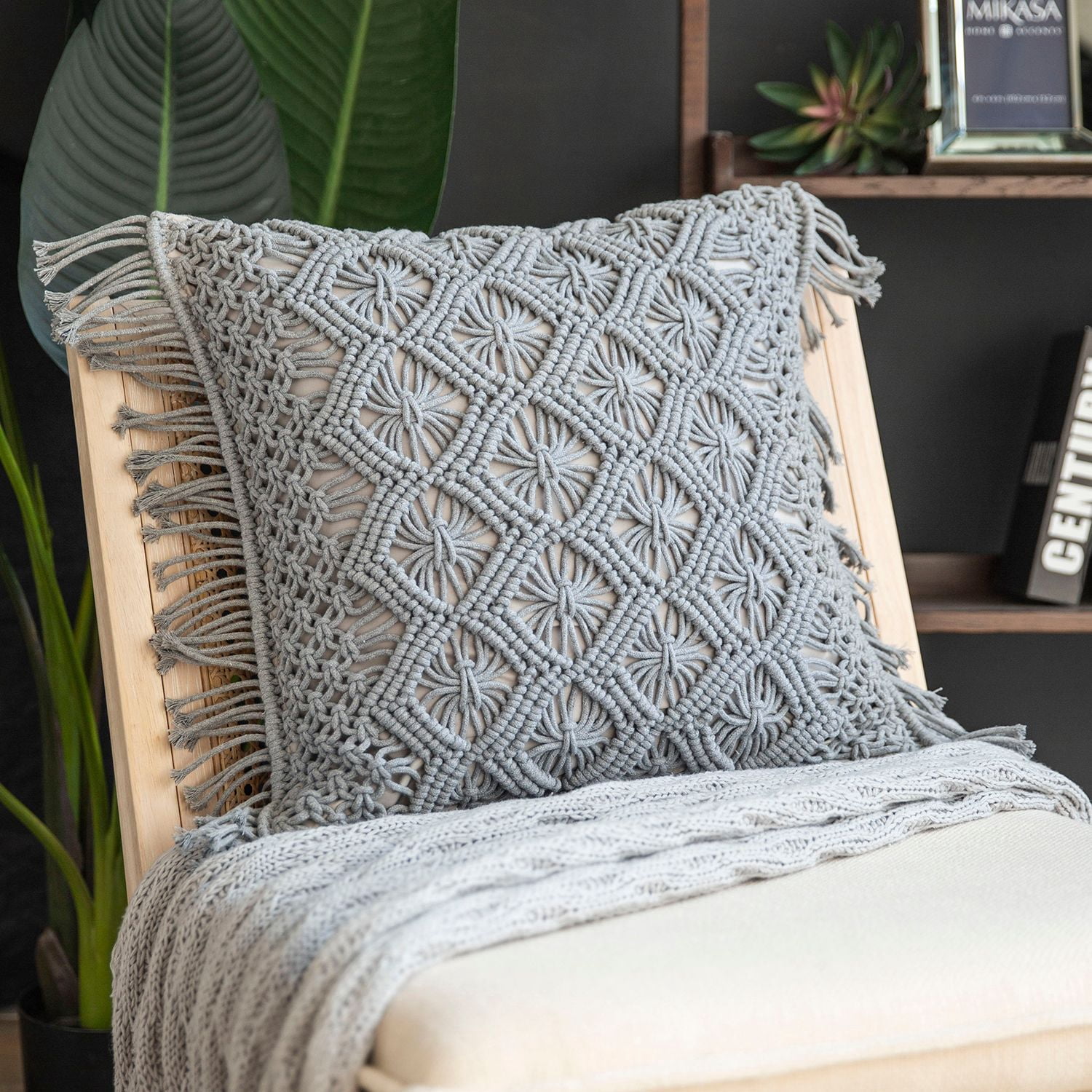 Phantoscope 100% Cotton Handmade Crochet Woven Checked Throw Pillows, 18 x 18 in Square Cushions with Tassels, Boho Style, Light Gray, 2 Pack