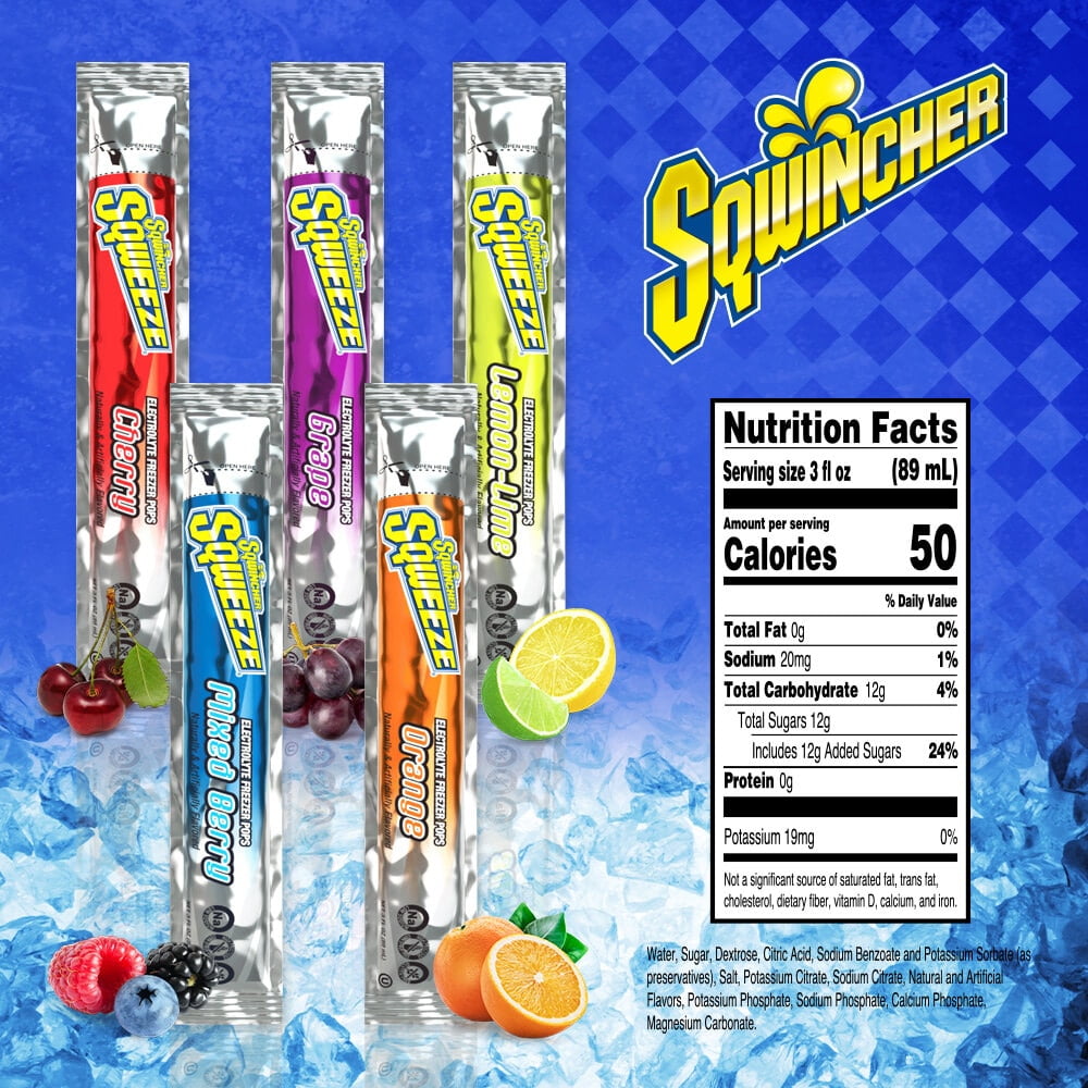 Sqwincher Sqweeze Pops 1 Case - 150 Freezer Tubes of Assorted Flavors Grape, Lemon Lime, Orange, Cherry and Mixed Berry