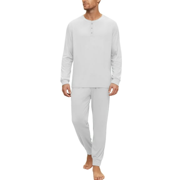 Hogleaql Viscose Soft Pajamas Sets for Men 2 Pcs Henley Neck Long Sleeve Tee and Pants Pockets Pj Set Lounge Loose Fall Winter Fashion Solid Color Loungewear White XL