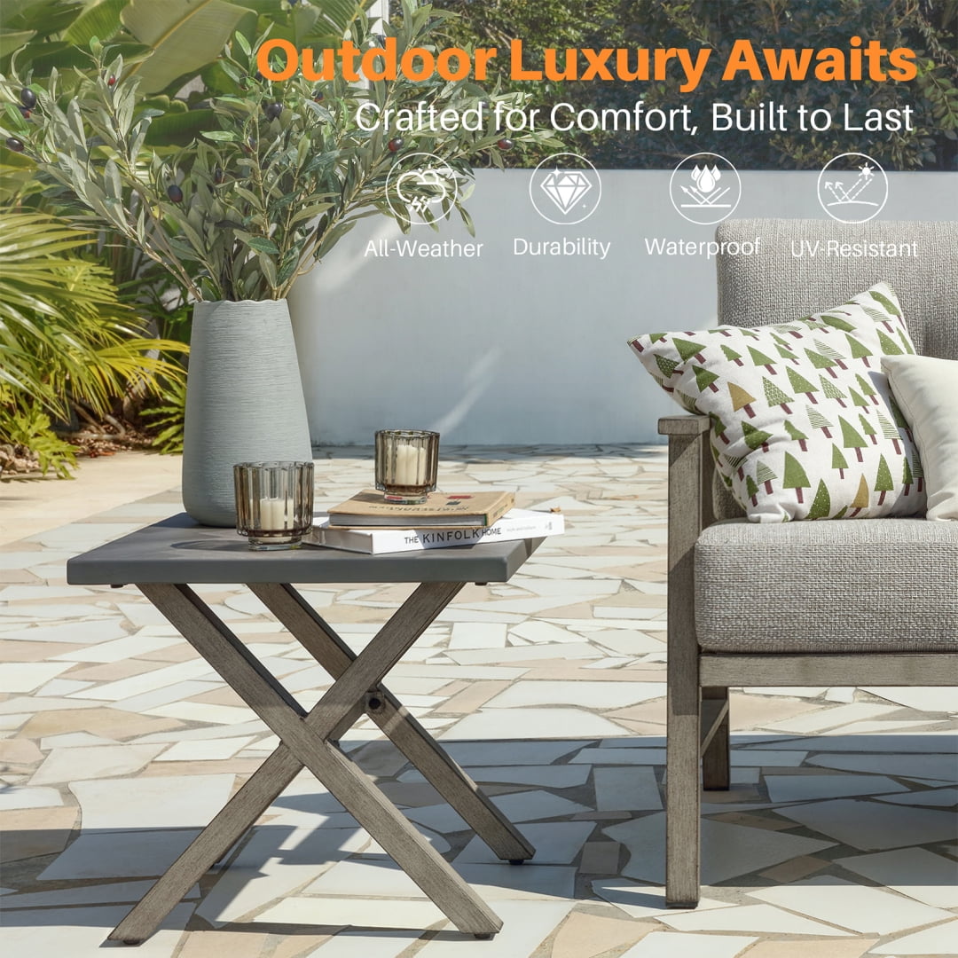 All-Weather Square Outdoor Side Table with Resin Tabletop, Small Patio End Table for Porch, Deck & Garden, Gray Oak
