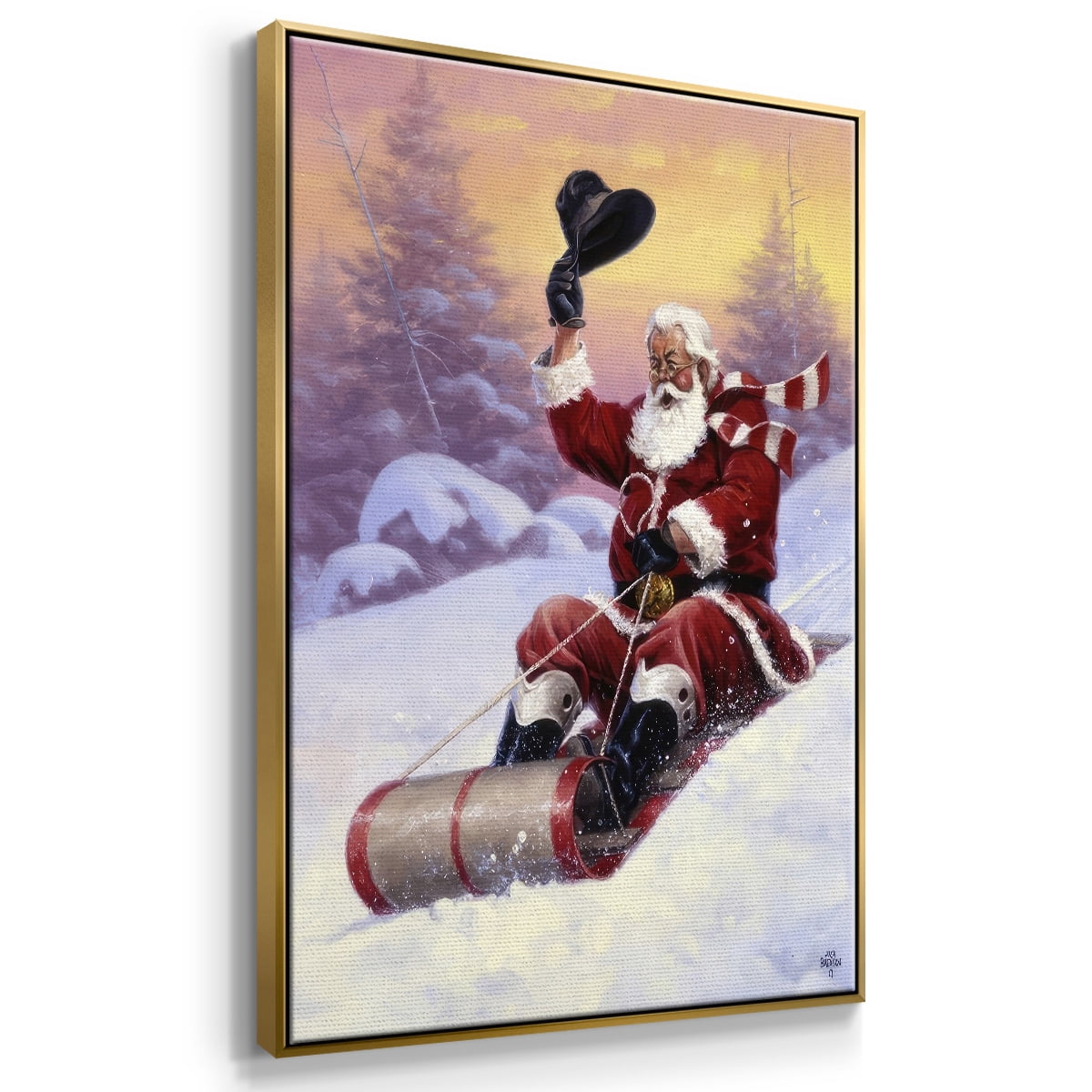 Here Comes Santa - Framed Gallery Wrapped Holiday Canvas - 27 x 41 - Gold Frame