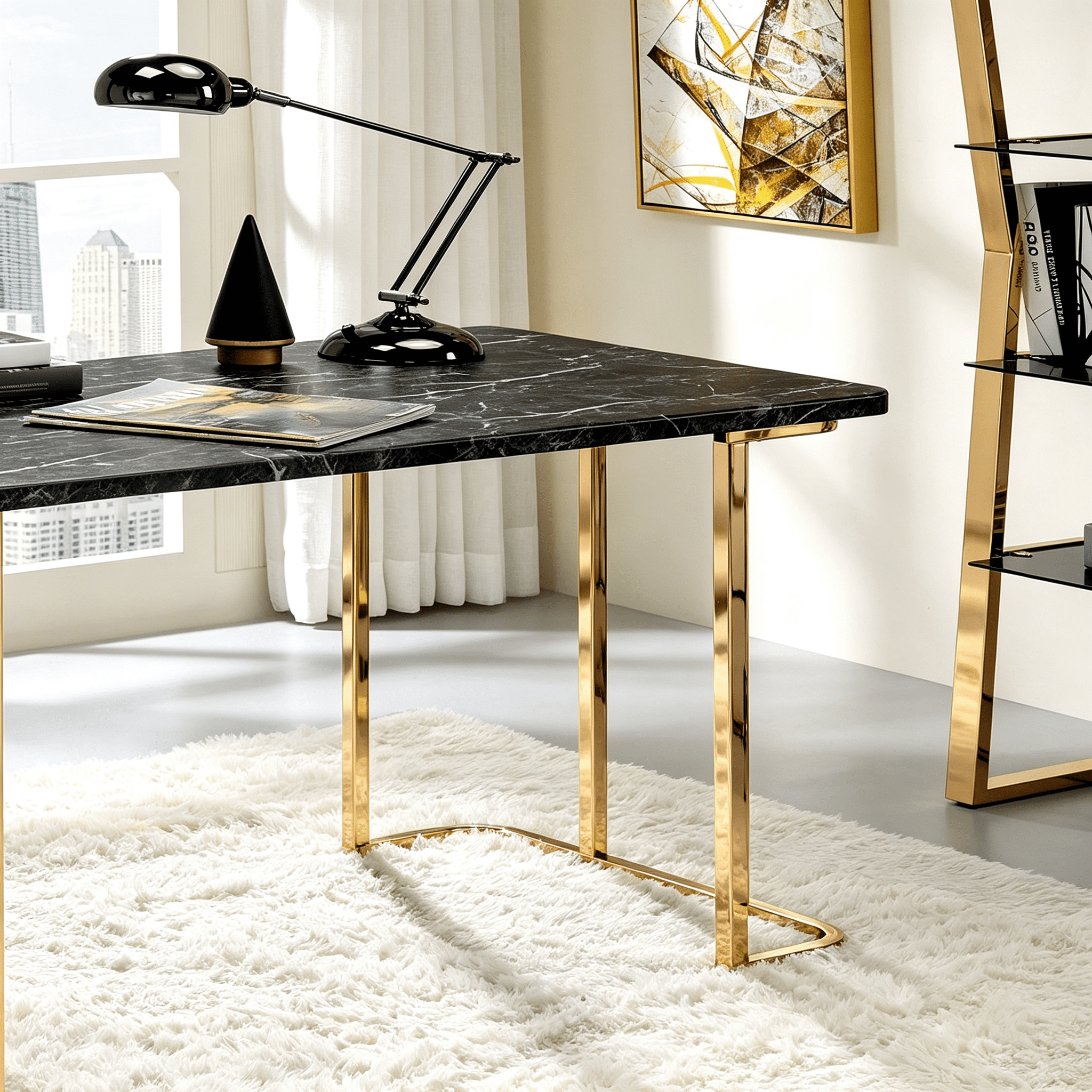 Astoutdoor Contemporary Desk with Faux Marble Top and Metal Frame, USB Port, Gold and Black Finish