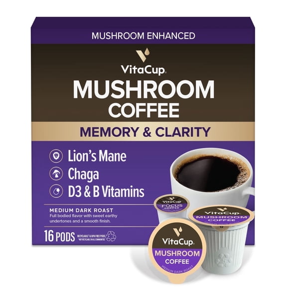 VitaCup Mushroom Coffee Pods Compatible w/ K-Cup Brewers, 16 Ct