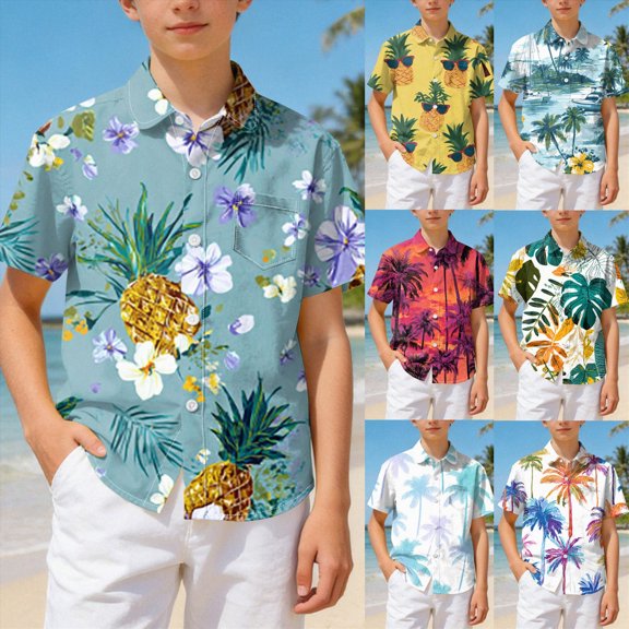 Boys Hawaiian Shirt Short Sleeve Floral Button Down Shirts Tropical Holiday Beach Top Vacation Clothes 6-12 Months 12-24 Months 2t 3t 4t 5t 6t 7t 8t 9t Children Orange 10-11Years