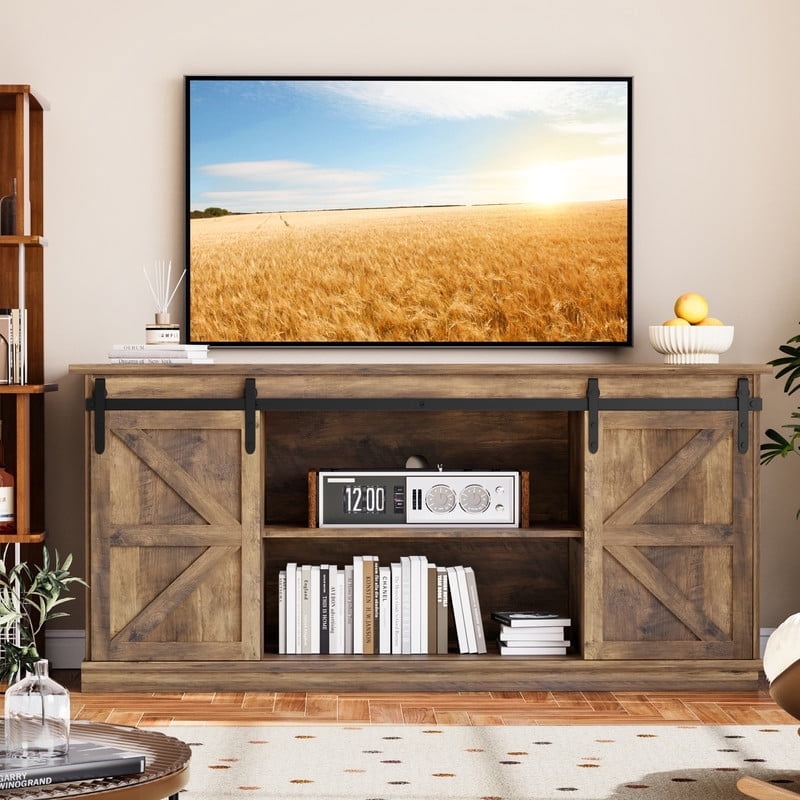 Homall 58'' TV Stand for TVs up to 65'', Storage Cabinet with Sliding Barn Door, Entertainment Center,Rustic Oak