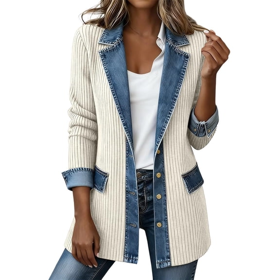 Hsovts Women Mid Length Open Front Knit Jacket With Denim Trim Long Sleeve Relaxed Fit Casual Outerwear Multiple Solid And Block Colors White L