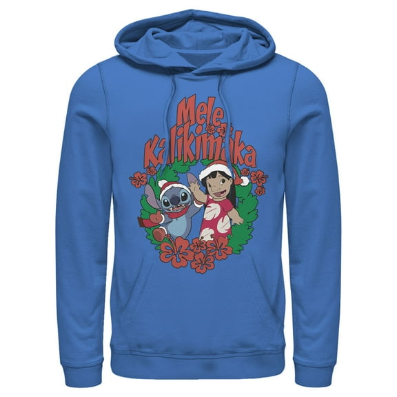 Men's Lilo & Stitch Mele Kalikimaka Christmas  Pull Over Hoodie Royal Blue Large
