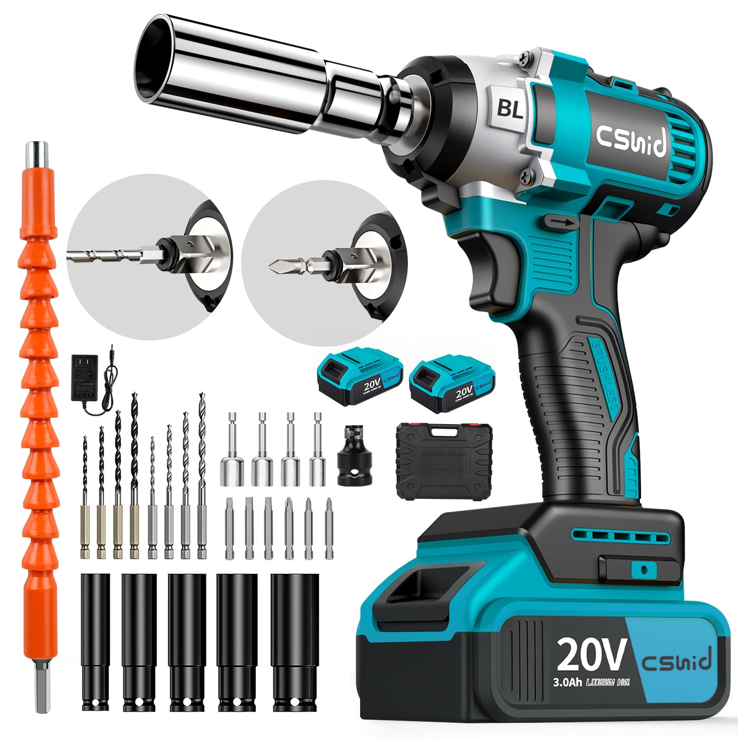 Cshidworld Power Cordless Impact Wrench 1/2", 20V Impact Brushless Motor with 2 x 3.0A Batteries, 2-Mode Speed & Max Torque 280 ft lbs (380N.m), Power Impact Wrench with 5 Sockets,8 Drill,6 Screws