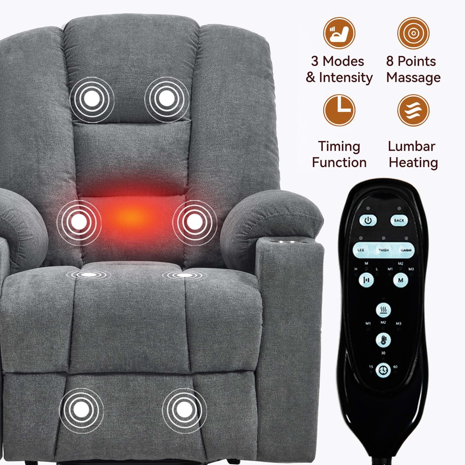 MAYEERTY Grey Chenille 350lbs Power Lift Recliner, Massage Heat USB-C 34"x39"x42" Wide Overstuffed for Elderly