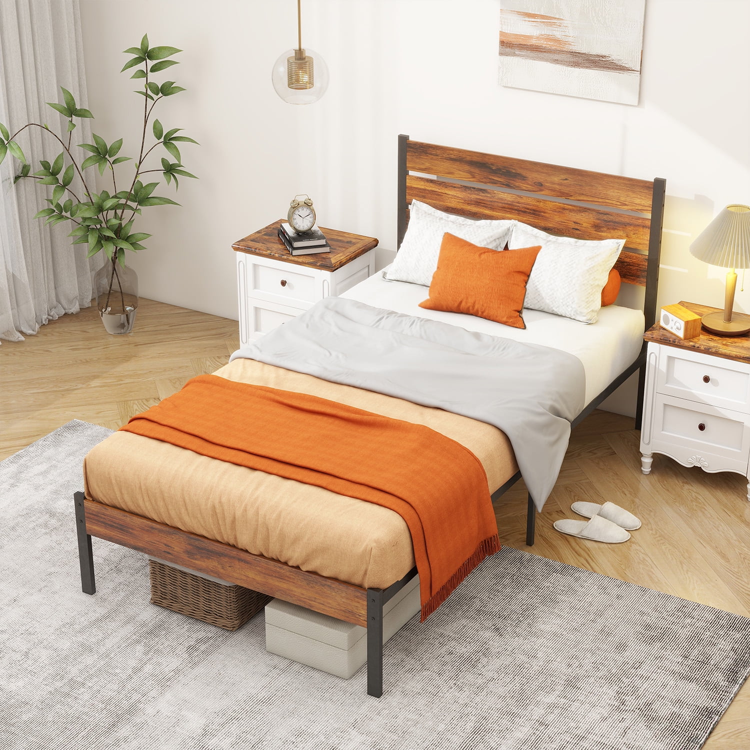 Twin Bed Frame, Mattress Foundation with Headboard, No Box Spring Needed, 700LBS Sturdy Metal Slats Support, Noise Free