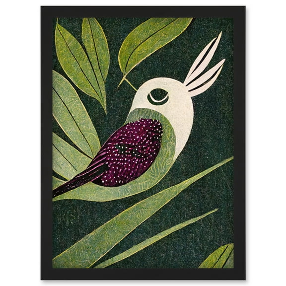 Vintage Linocut Illustration Small Bird With Plant Leaves Artwork Framed Wall Art Print A4
