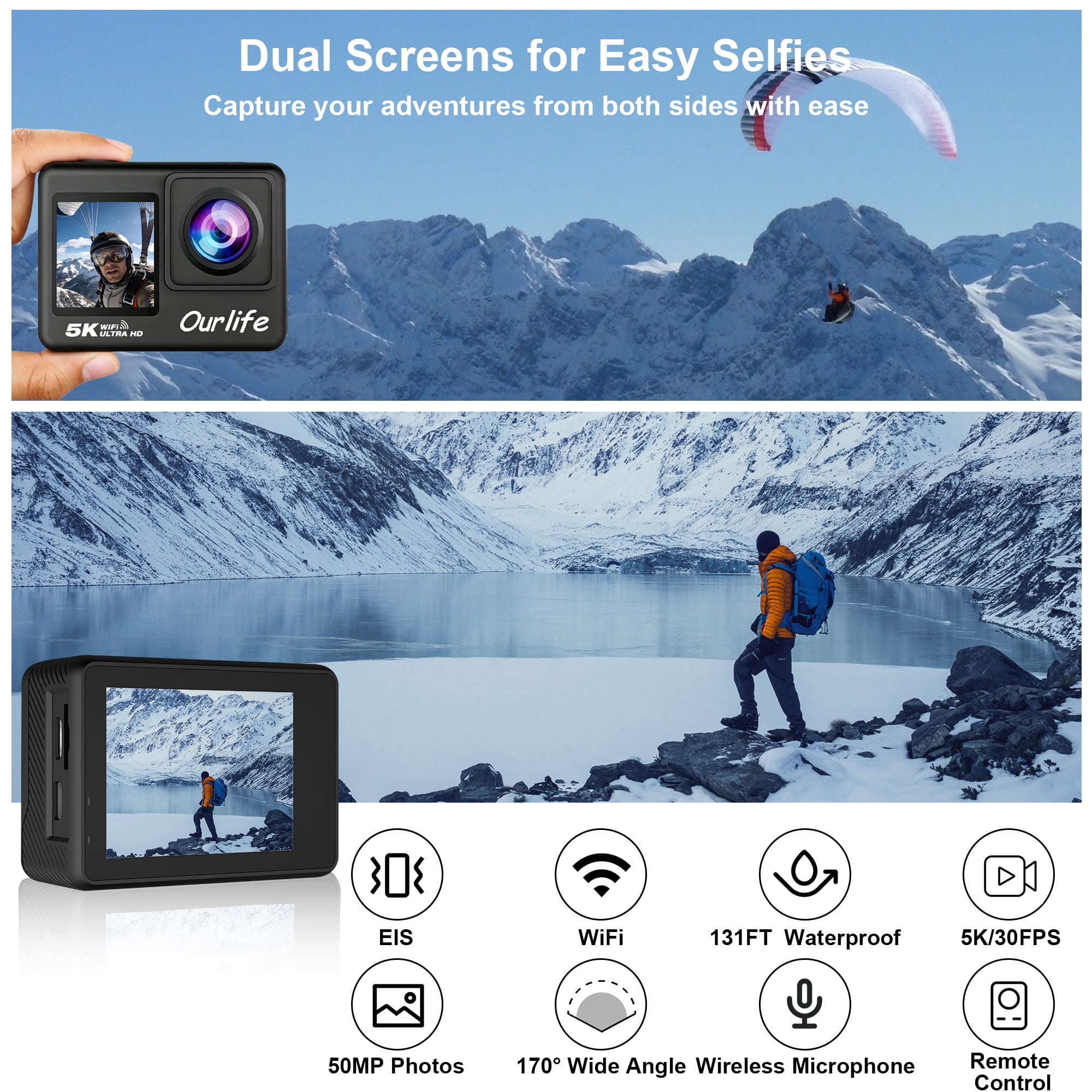 Ourlife Action Camera 5K 30FPS Waterproof Camera Underwater 100FT with EIS WiFi App Remote Control 64GB Card 170° Wide Angle Sports Helmet  Video