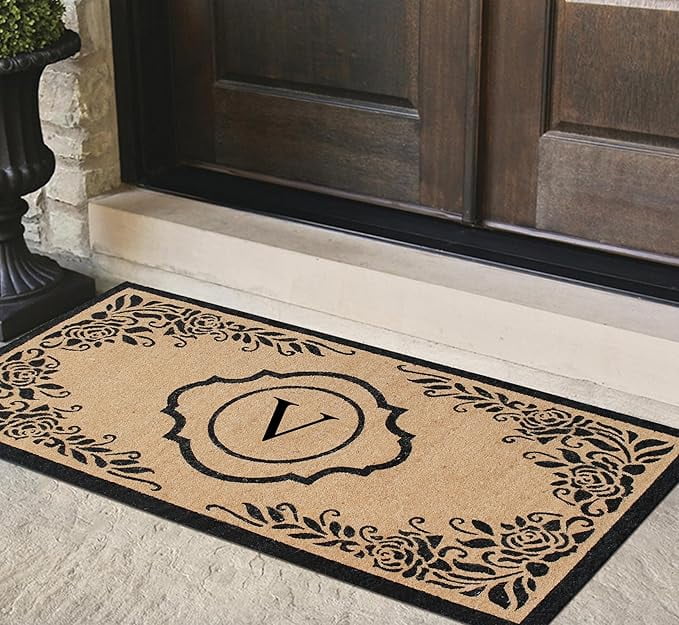 A1HC Natural Coir Monogrammed Floral Door Mat, 36"x72", Durable Anti-Shed Outdoor Door Mat, Heavy-Duty, Low-Profile, Easy to Clean