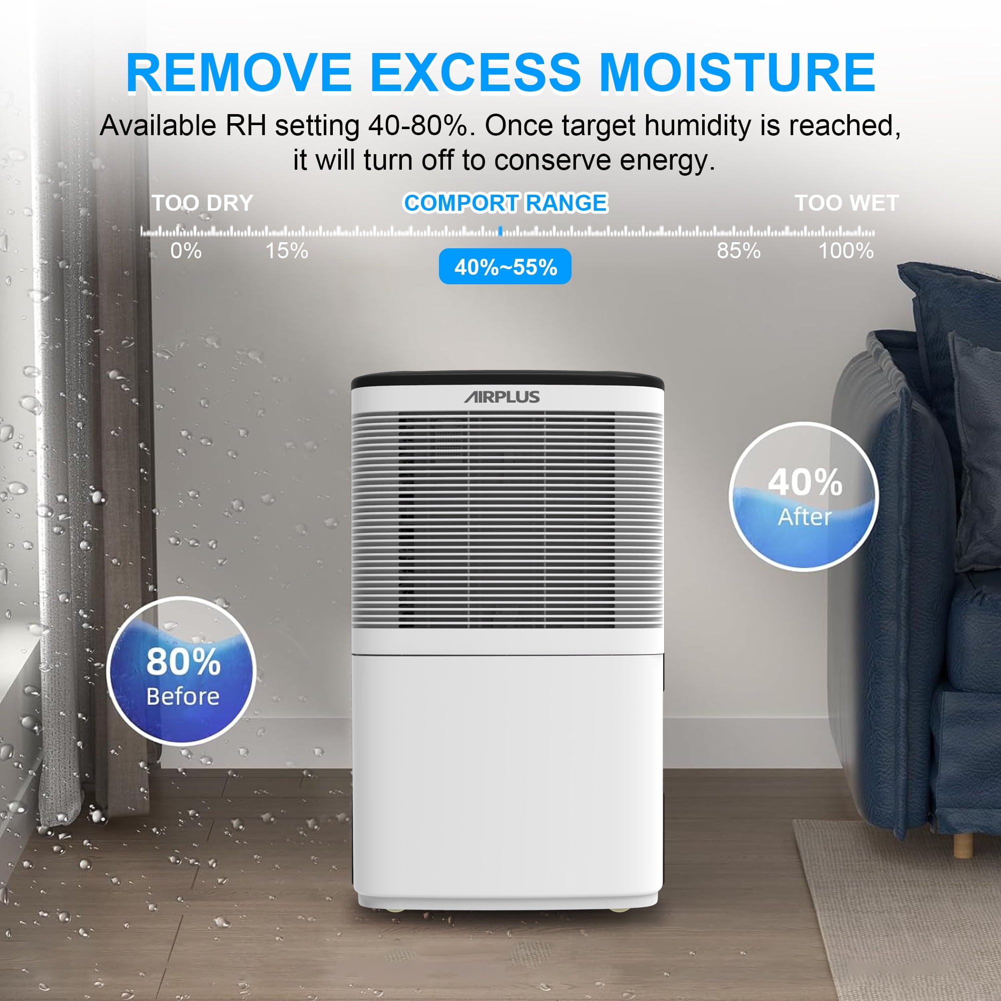 AIRPLUS 50 Pint Dehumidifier for Basements up to 3500 Sq. Ft, Dehumidifier with Drain Hose, 24Hr Timer, Auto Drainage, DOE 9.69 Pint, White
