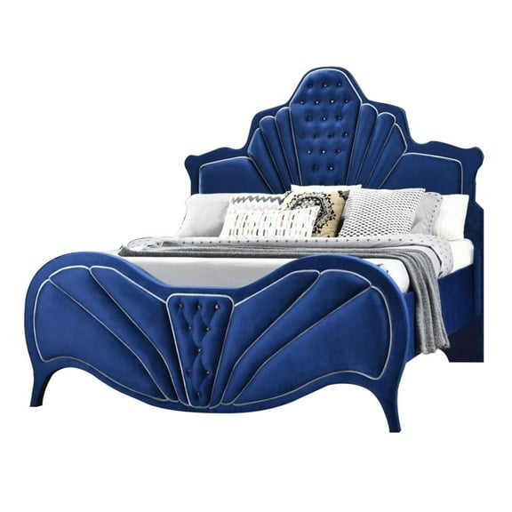 Velvet Upholstered Channel Tufted Queen Bed, Blue
