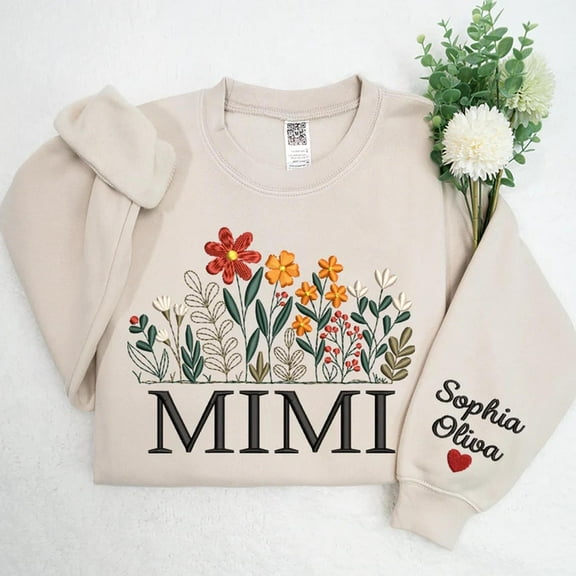 Mimi Flower Embroidered, Custom Mimi With Kids, Grandma, Unisex Sweatshirt, LINHKHA
