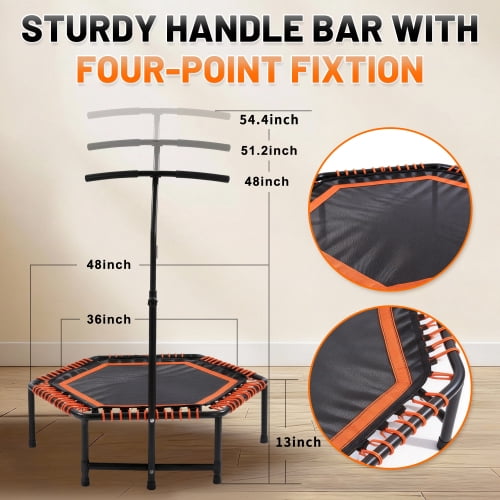 48" Mini Rebounder for Adults with Adjustable Handle Bar, Quiet Bungee Fitness Trampoline, 330lbs Capacity Indoor Outdoor Workout Equipment, Low Impact Cardio & Strength Training for Home Gym, Orange