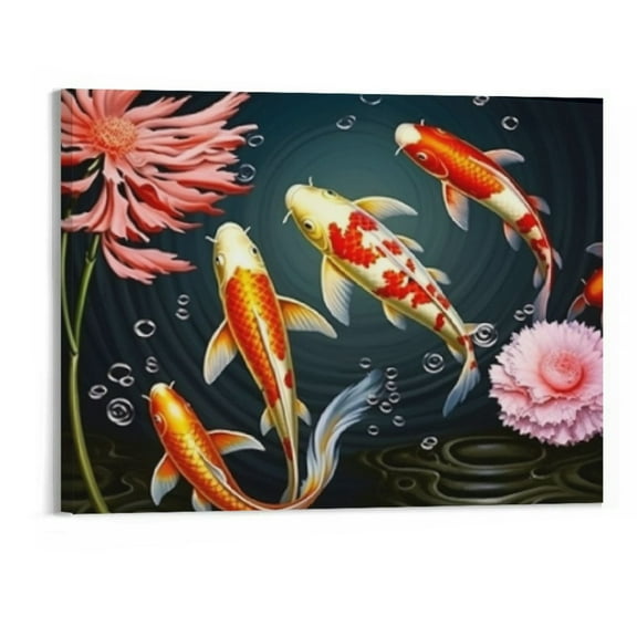 Creowell Nine Koi Fish Canvas Painting Wall Art Feng Shui Lucky Carp in Lotus Pond Picture Prints Traditional Chinese Painting Poster for Bathroom Spa Room Decor Framed Canvas Wrap- 20x16 Inch
