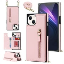 Dteck Case For iPhone 13,Slim Shockproof Zipper Card Slot Wallet Kickstand Shoulder Strap Full Cover Protector,Pink