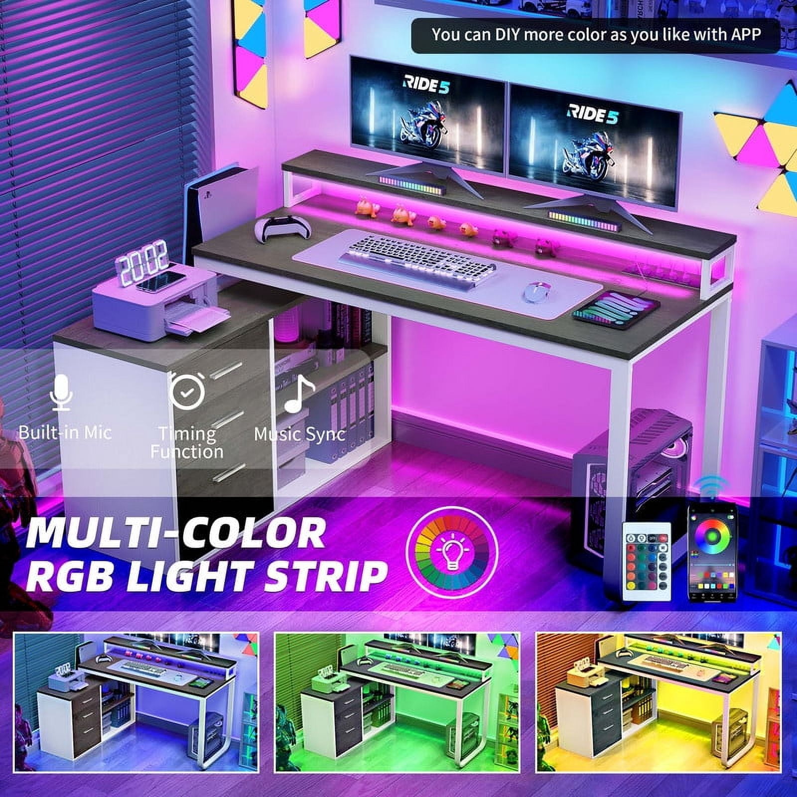 Uforic 55"L Shaped Desk with LED Light, Computer Desk Corner Desk Office Desk Executive Desk, Gray & White