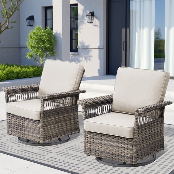 Arnahaishe 2 Piece Outdoor Wicker Swivel Rockers Patio Rocking Chairs Set with 5-Inch Armrest and Beige Cushion