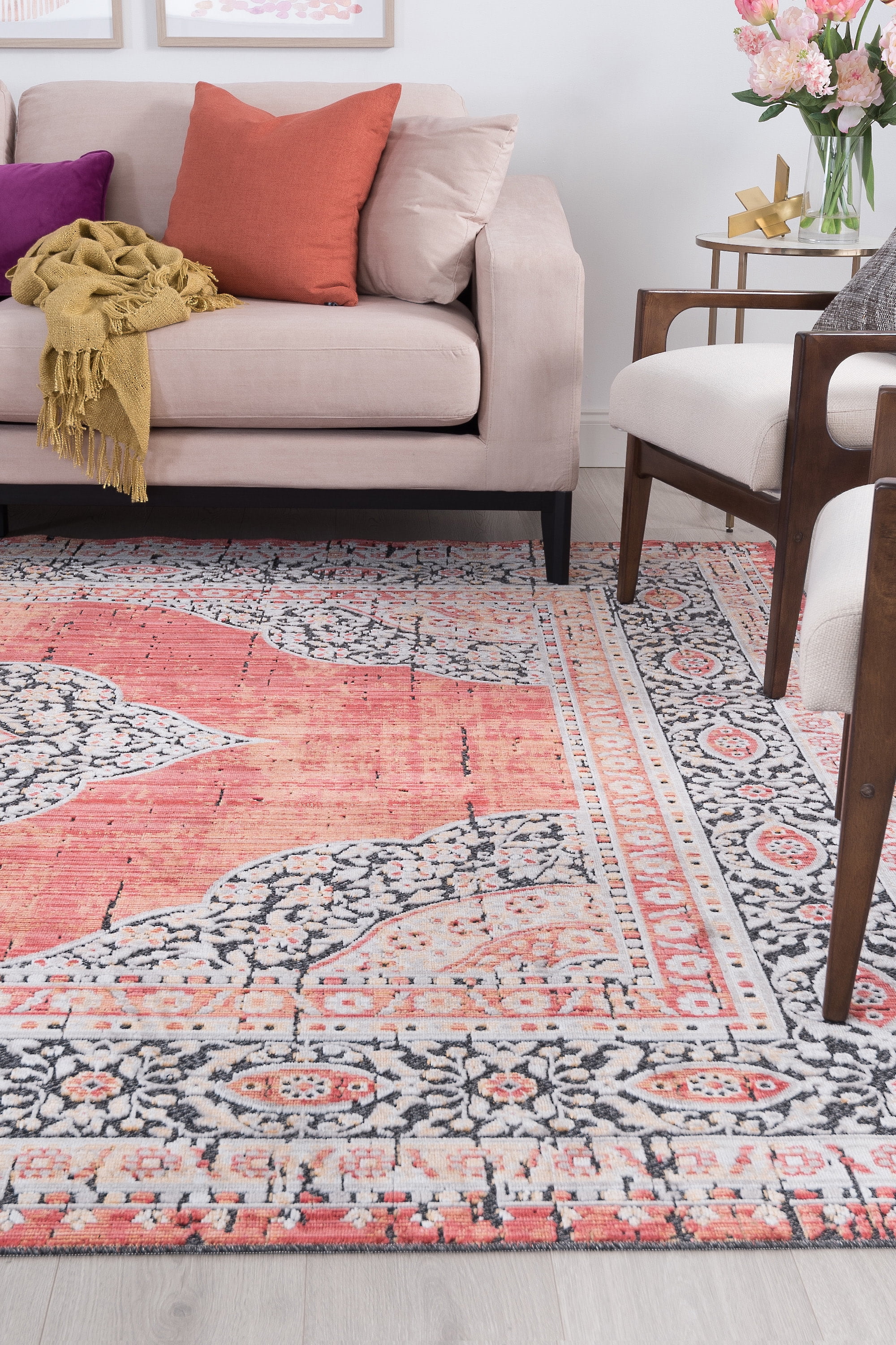 Traditional 2x3 Area Rug (2' x 3') Medallion Red, Coral Indoor Scatter Easy to Clean