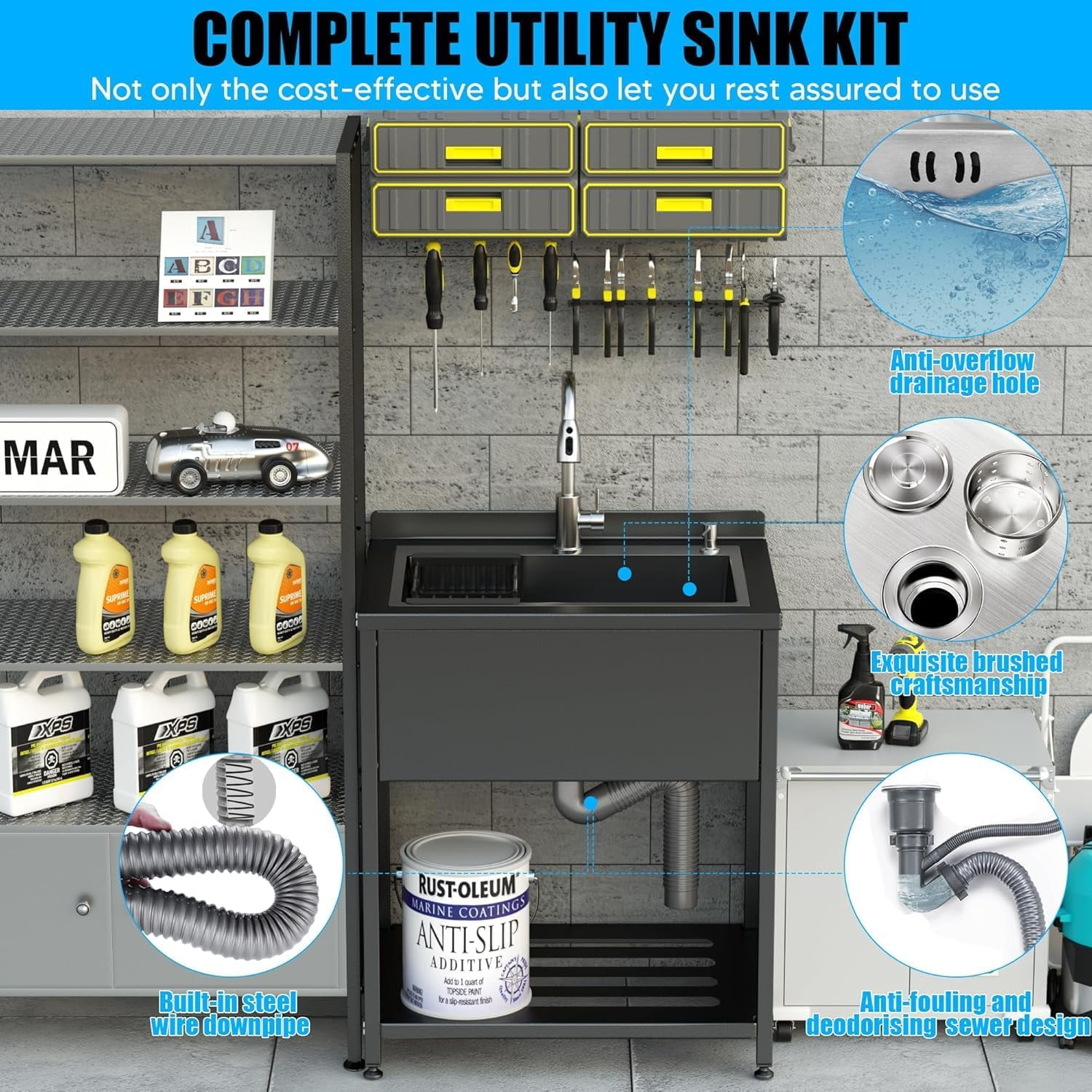 Stainless Steel Utility Sink, 25.7" × 20.7" × 39.5"Freestanding Sink with Cold and Hot Water Faucet,Hoses and Drain Kit for Kitchens, Bathrooms, Garage, Laundry Room