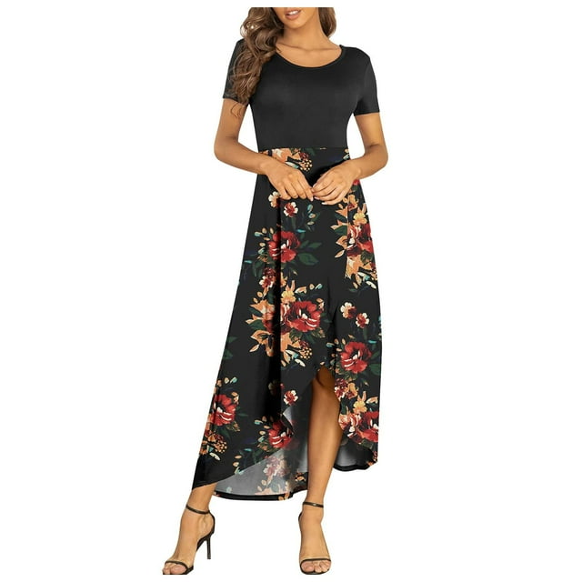 SMihono Robe Bohème d'Été pour Femmes Grande Taille Robes d'Été pour Femmes Robe à Manches Courtes Décontractée Fluide Asymétrique Longue Robe Maxi