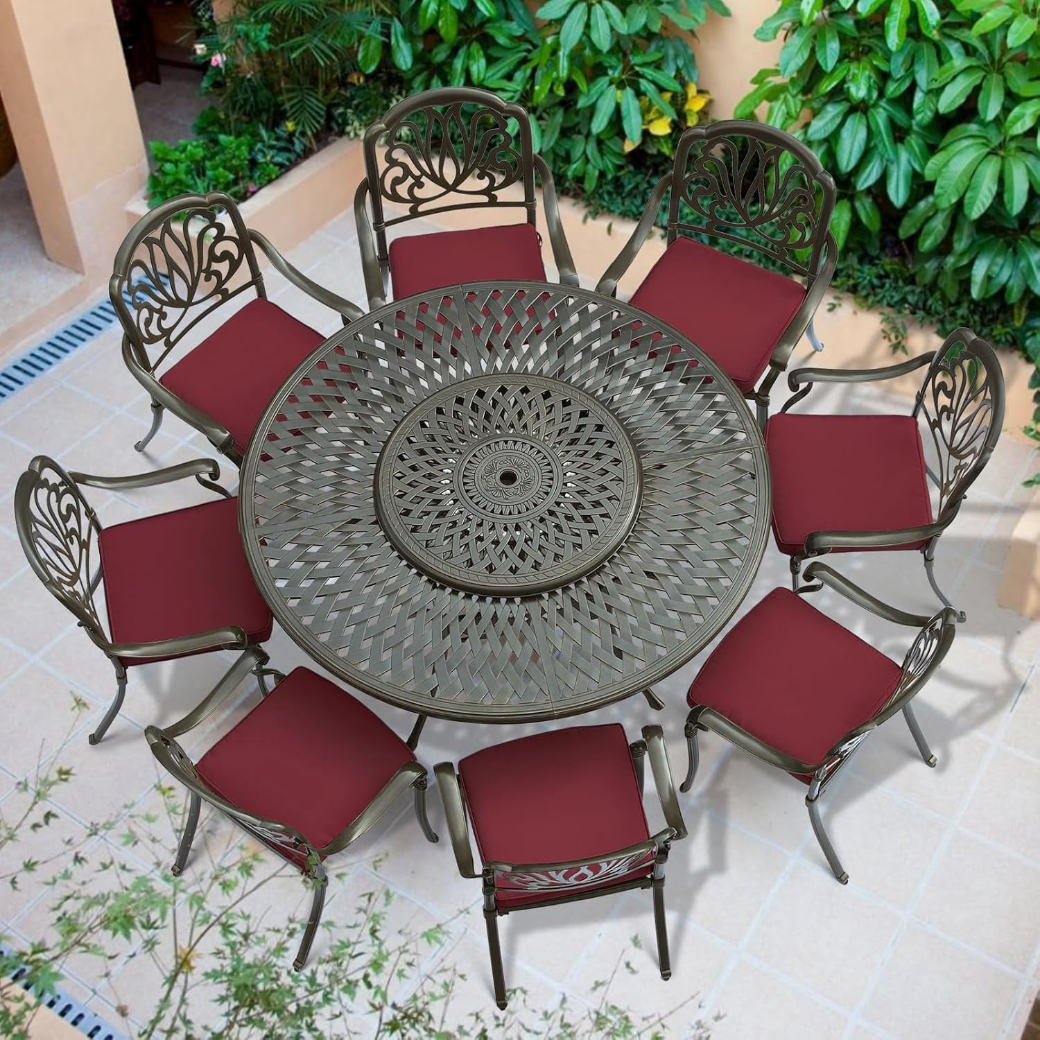 VIVIJASON 9-Piece Patio Furniture Dining Set, Cast Aluminum Rust-Free Outdoor Conversation Set, Include 61" Round Dining Table with 31" Lazy Susan & 8 Cushioned Chairs, Umbrella Hole, Red