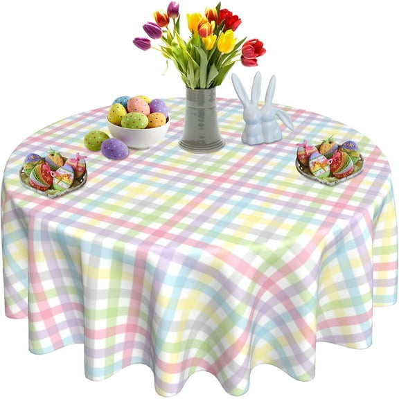 Odenmar Easter Tablecloth 60 Inch Round, Waterproof Washable Table Cover, Pastel Plaid Table Cloth for Dining Table, Spring Holiday Party Kitchen Decor
