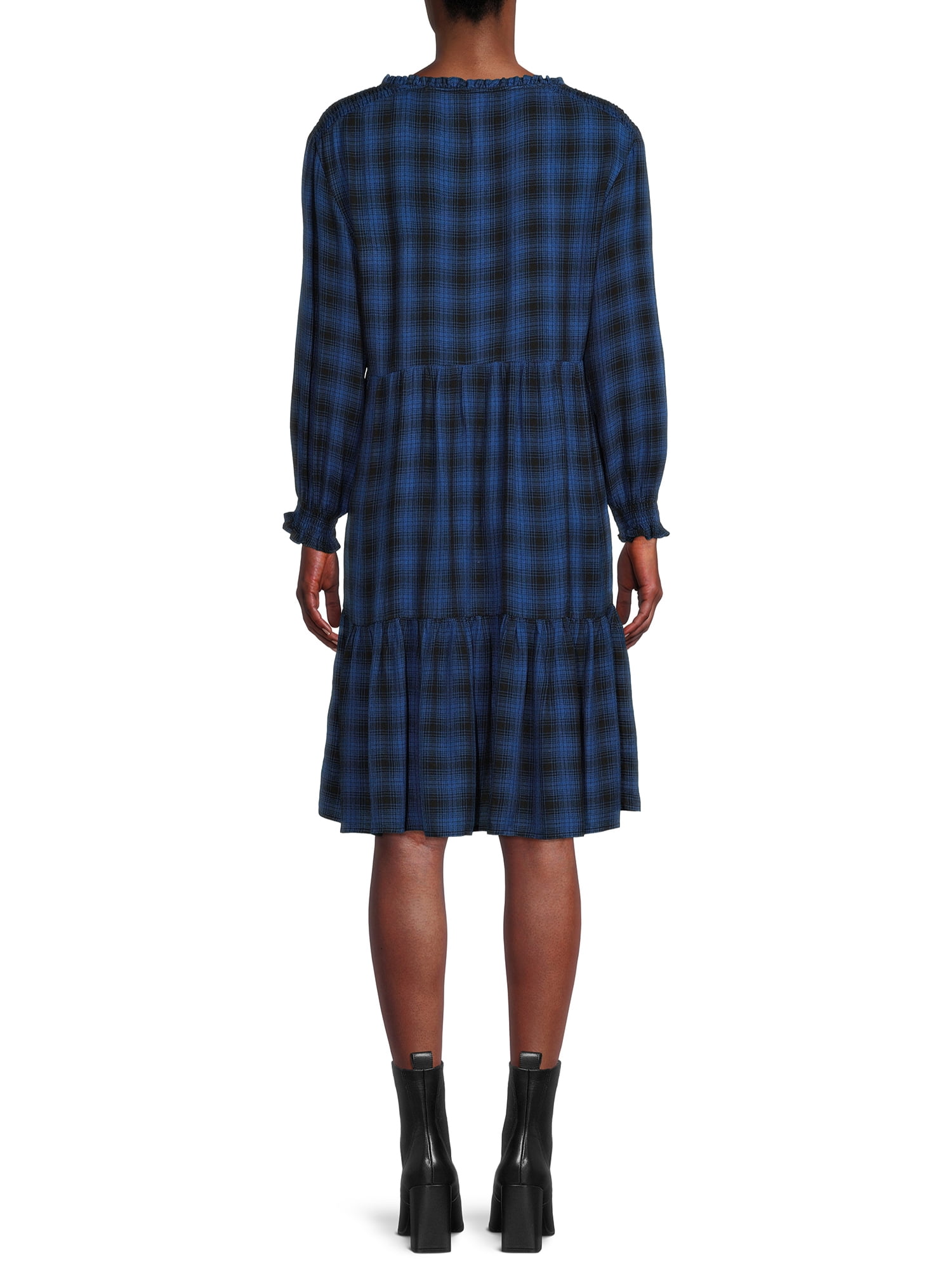 Blu White Blu Women's Smocked Shoulder Plaid Dress