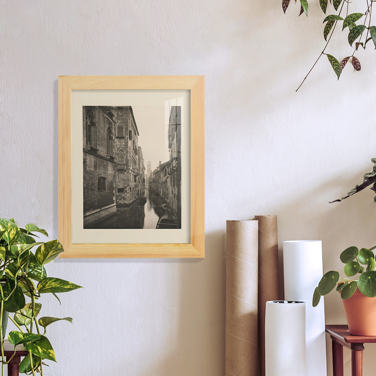 Vintage Views of Venice V - Framed Print w/glass - Natural Wood