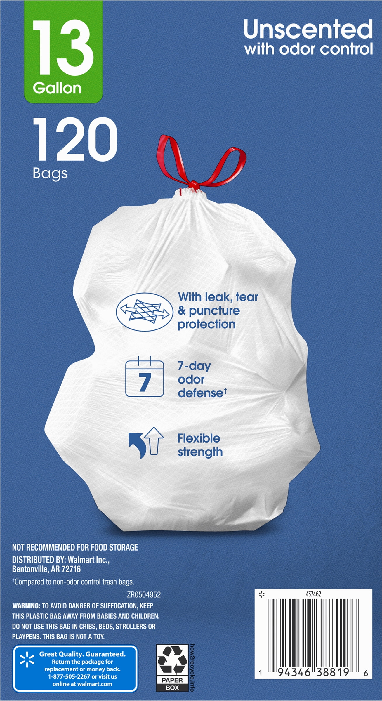 Great Value Strong Flex 13-Gallon Tall Kitchen Drawstring Trash Bags, Unscented, 120 Bags