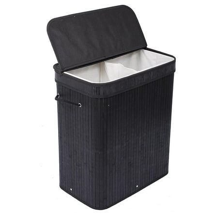 Bamboo Double Laundry Hamper with Lid - Black - Collapsible 2 Section Hamper Basket - String Handles - Bedroom, Laundry Room Organizer