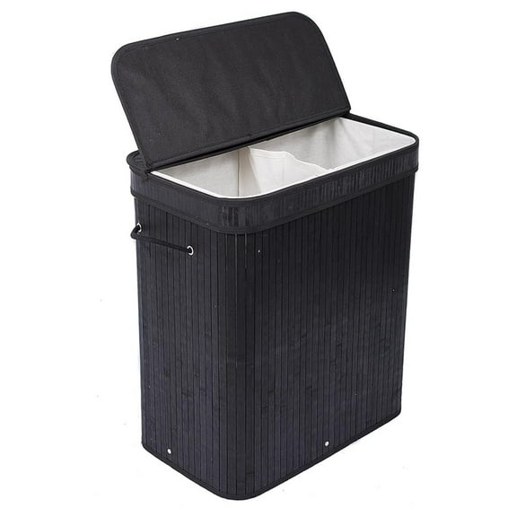 Bamboo Double Laundry Hamper with Lid - Black - Collapsible 2 Section Hamper Basket - String Handles - Bedroom, Laundry Room Organizer