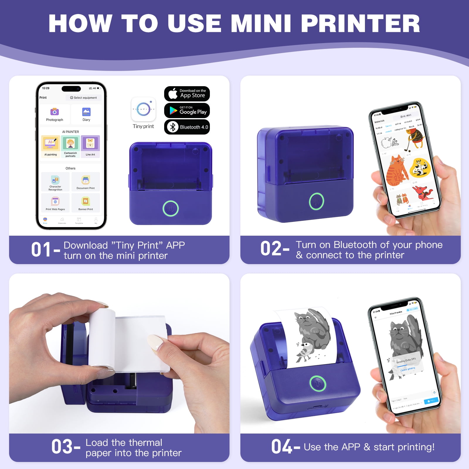 SLOK Print Pods Mini Printer with 10 Rolls Printing Paper, Thermal Inkless Sticker Maker for Notes and DIY, Compatible with iOS & Android, Purple