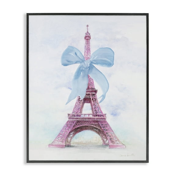 Stupell Industries Pretty Bow Eiffel Tower Buildings & Architecture Painting Black Framed Art Print Wall Art, 11 x 14