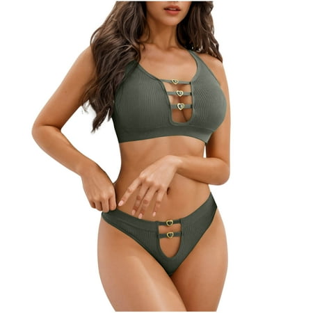 jobturf Women s Ribbed Knit Cutout Matching Bra and Panty Set 2 Piece Spaghetti Strap Seamless Support Underwear Sports Bras Sets Green Free Size