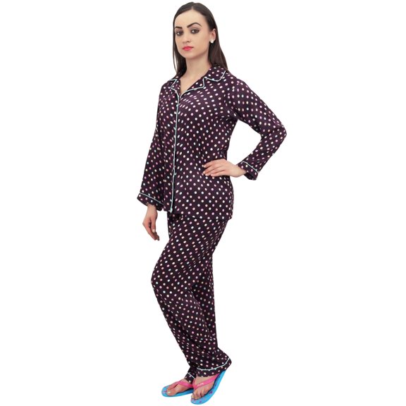 Bimba Dot Printed Wine Button-Down Shirt With Elastic Waist Pajama Pants-24
